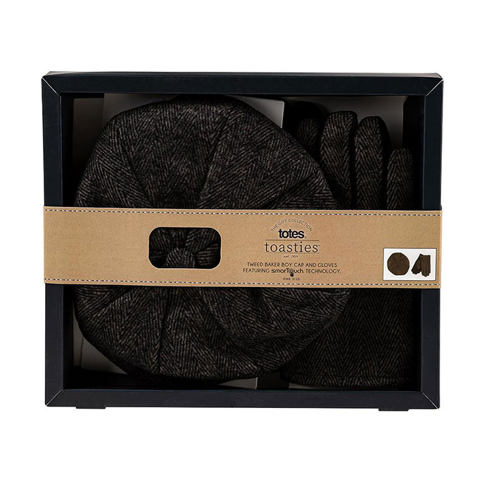 totes Mens Baker Boy Tweed Cap and Gloves with Suede Palm Gift Set Black Extra Image 5